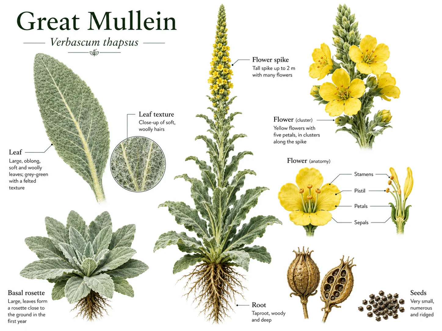 Great Mullein Botanical Field Guide Illustration