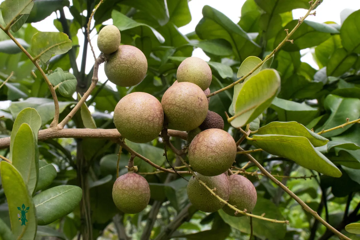 Cluster of ripening longan fruit hanging from a leafy tree branch.