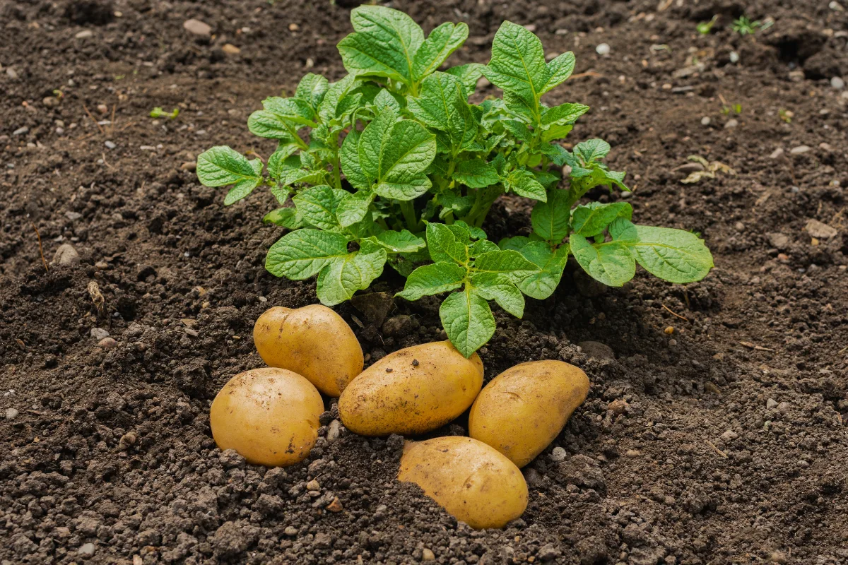 Freshly harvested potatoes resting in the soil next to a green plant.